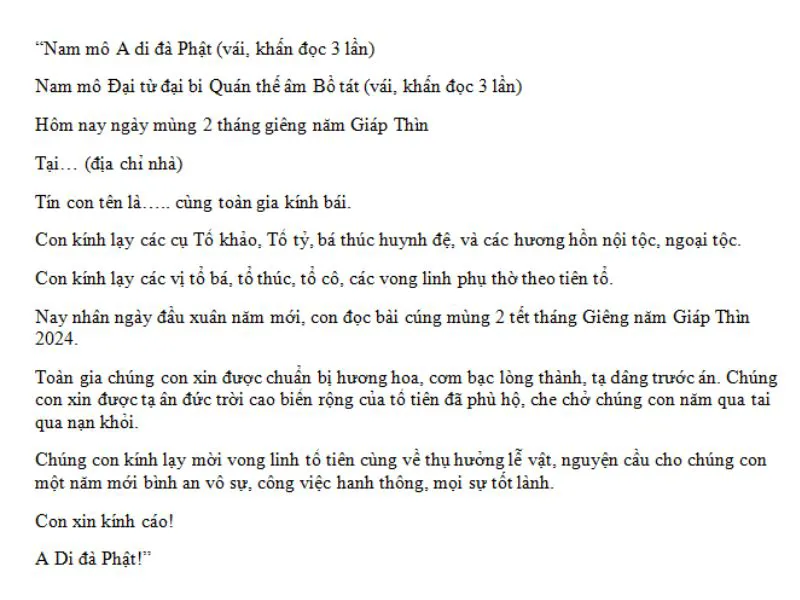 Văn khấn mùng 2 tết Giáp Thìn cầu tài lộc, bình an, may mắn cả năm